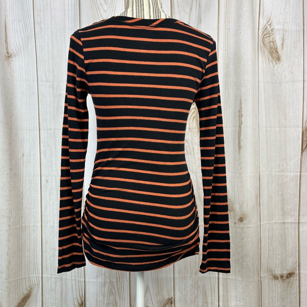 Isabel Maternity Tee Long Sleeve Side Rouging Comfy Striped Black Orange Size XS - Picture 3 of 14